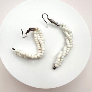 Vintage 90s White Seed Beaded J-Hoop Earrings Silver-tone Boho Statement Jewelry